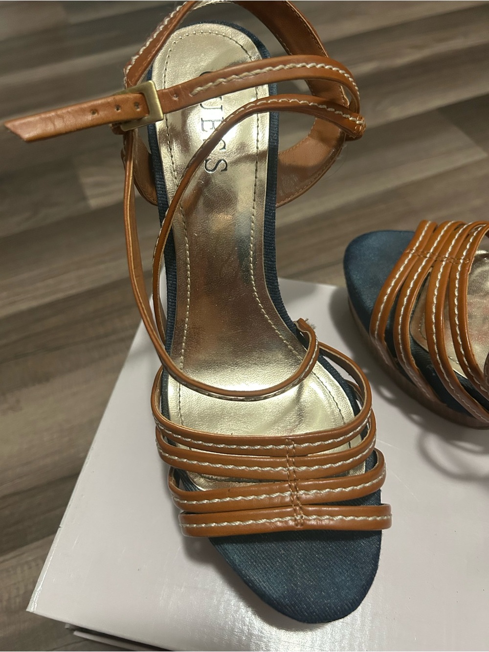 Guess Tan Strappy High Heel Sandals with Blue Insole - Picture 2 of 8